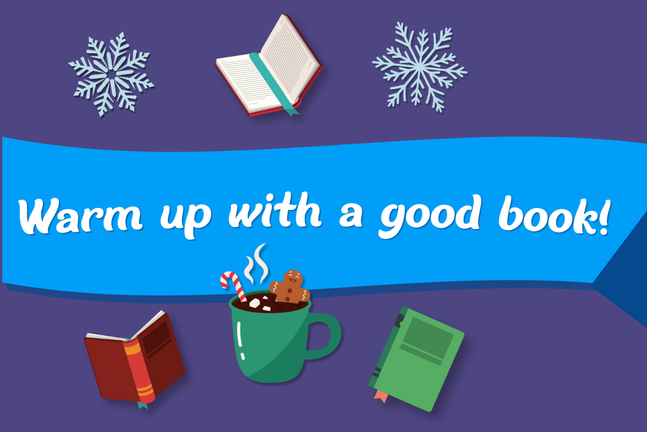 Falling snowflakes, books, and hot chocolate.