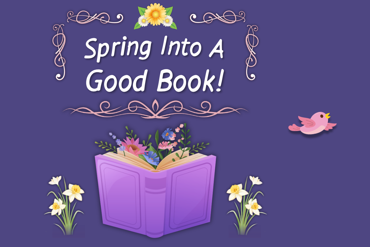 An open book surrounded by flowers.