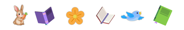 A bunny, flower, and bird among scattered books.