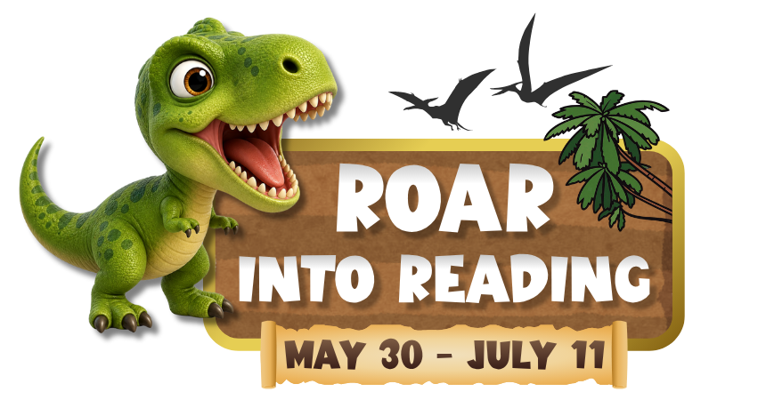 A T. rex and pterodactyls surround the text Roar into Reading from May 30 to July 11